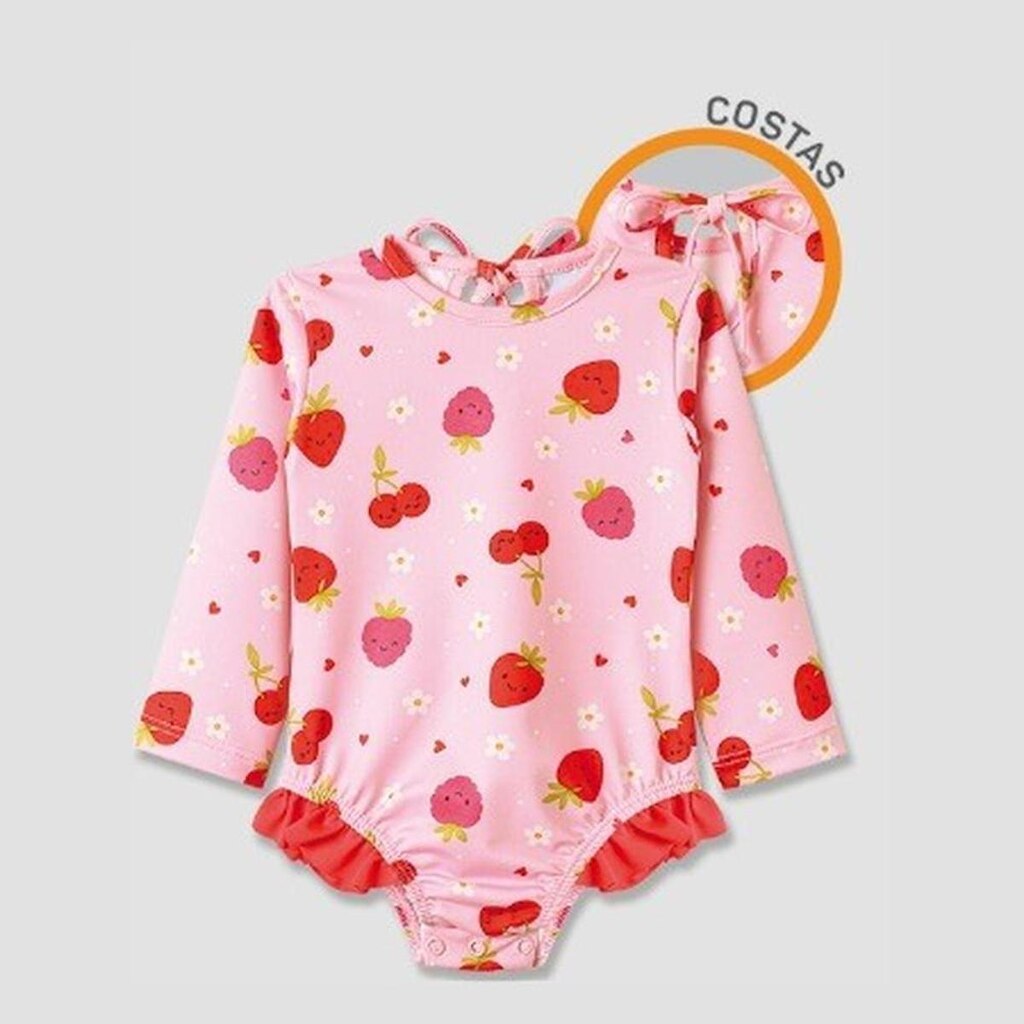 Maiô Pingo Lelê Manga Longa Frutas Vermelhas Rosa