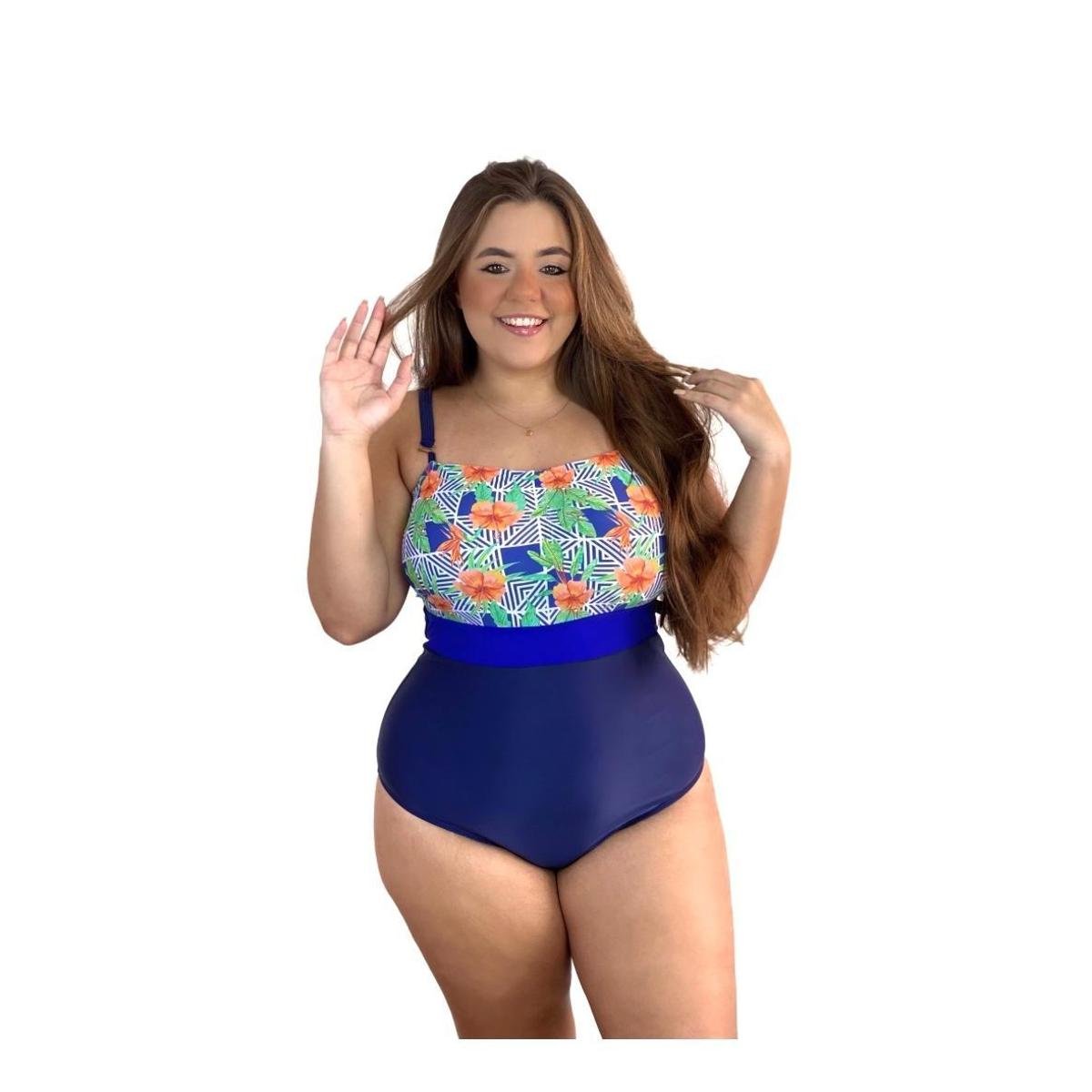 Maiô Plus Size Estampado Com Bojo Alça Removível - Azul Menor preço em Maiô Plus Size Estampado Com Bojo Alça Removível - Azul