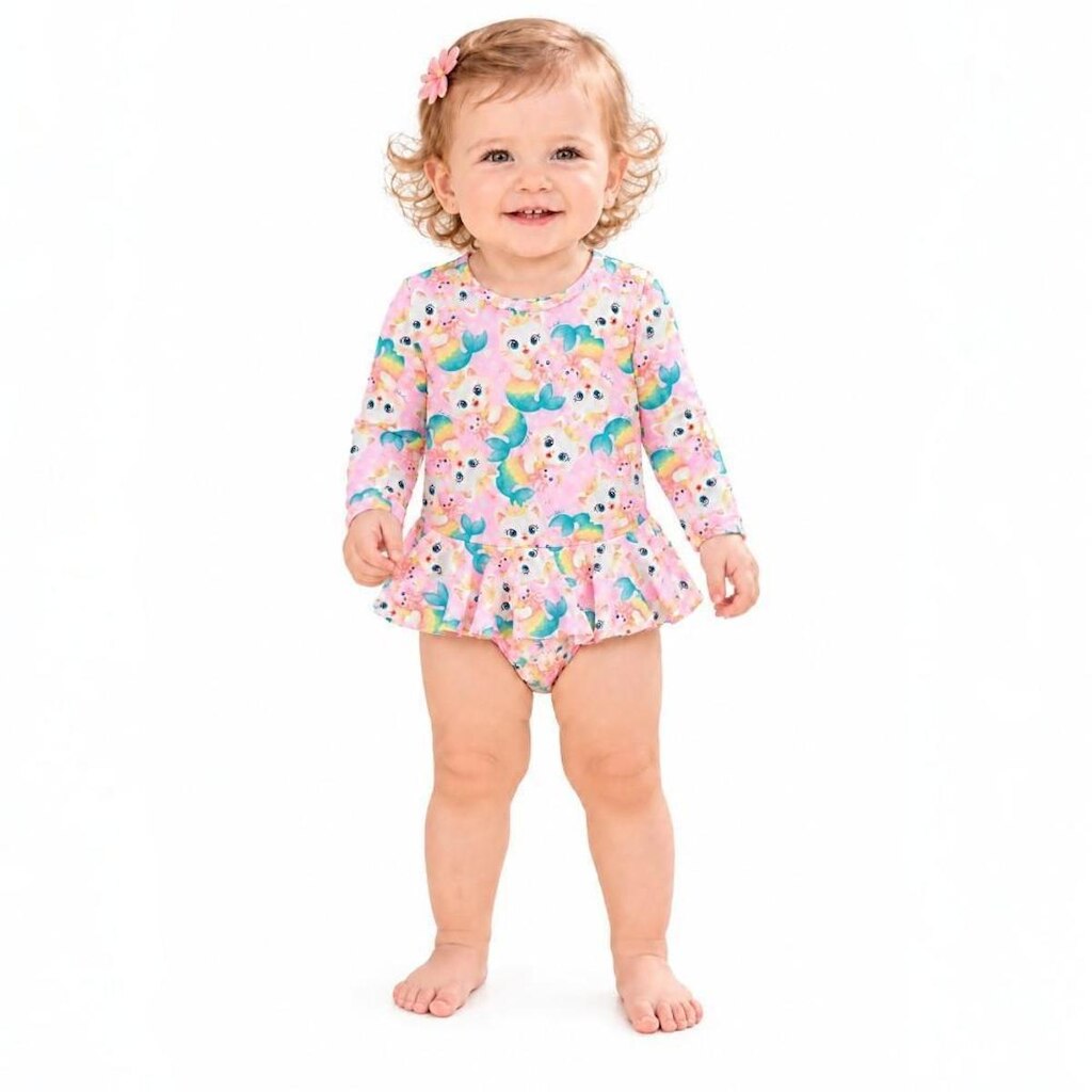 Maiô Praia Bebê Gatinha Rosa Neon Claro UV 50+ Tchibum
