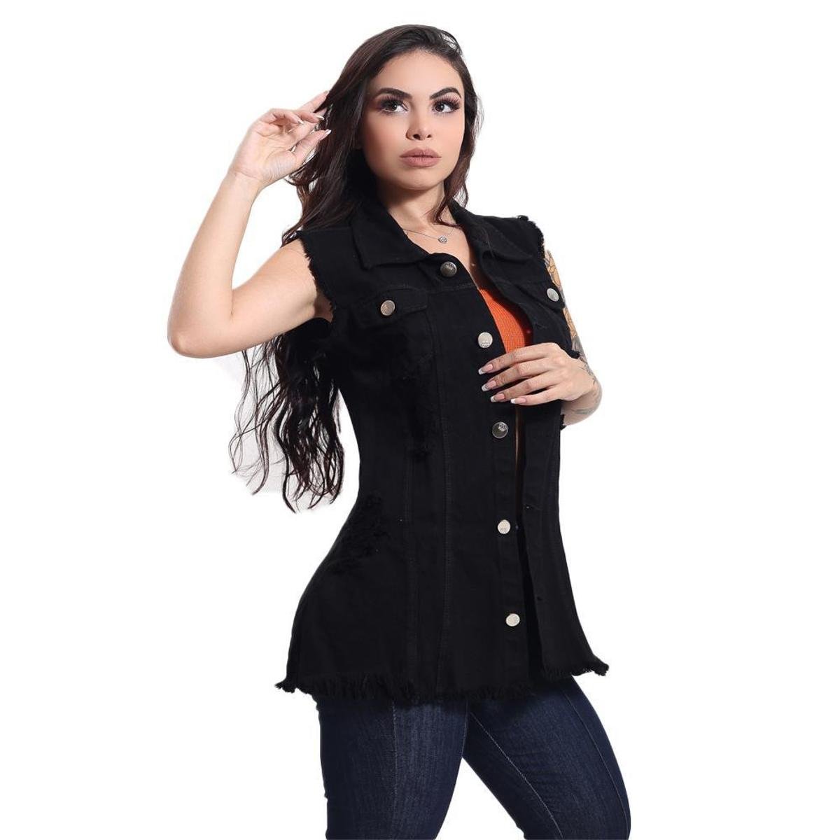 Max Colete Jeans Feminino Longo Com 2 Bolso Super Lindo Azul 1 - Preto Menor preço em Max Colete Jeans Feminino Longo Com 2 Bolso Super Lindo Azul 1 - Preto