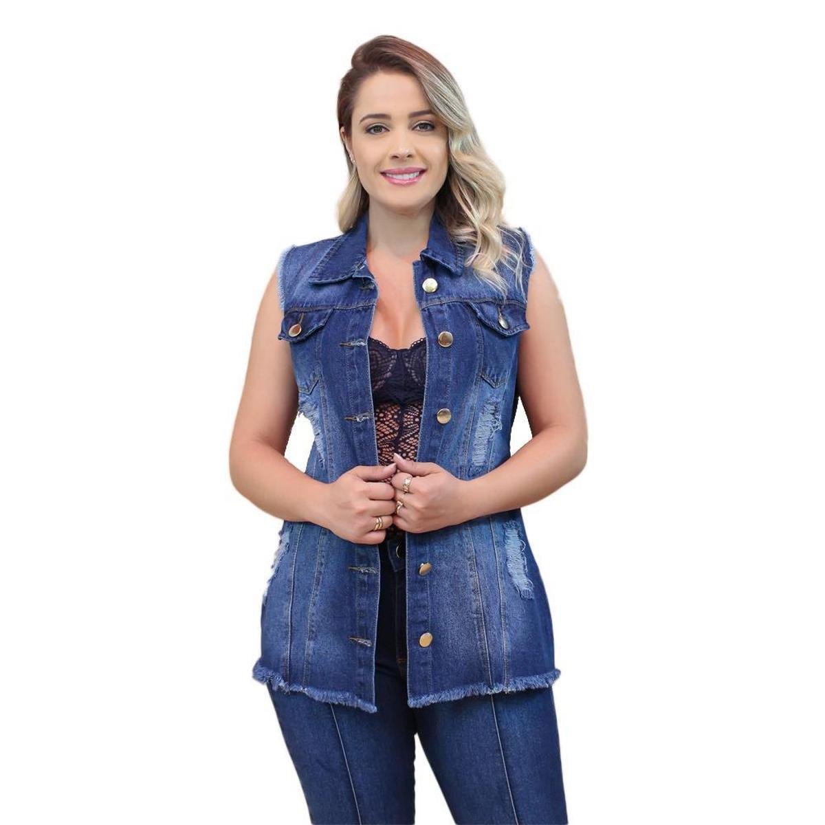 Max Colete Jeans Feminino Longo Com 2 Bolso Super Lindo Azul 1 Menor preço em Max Colete Jeans Feminino Longo Com 2 Bolso Super Lindo Azul 1