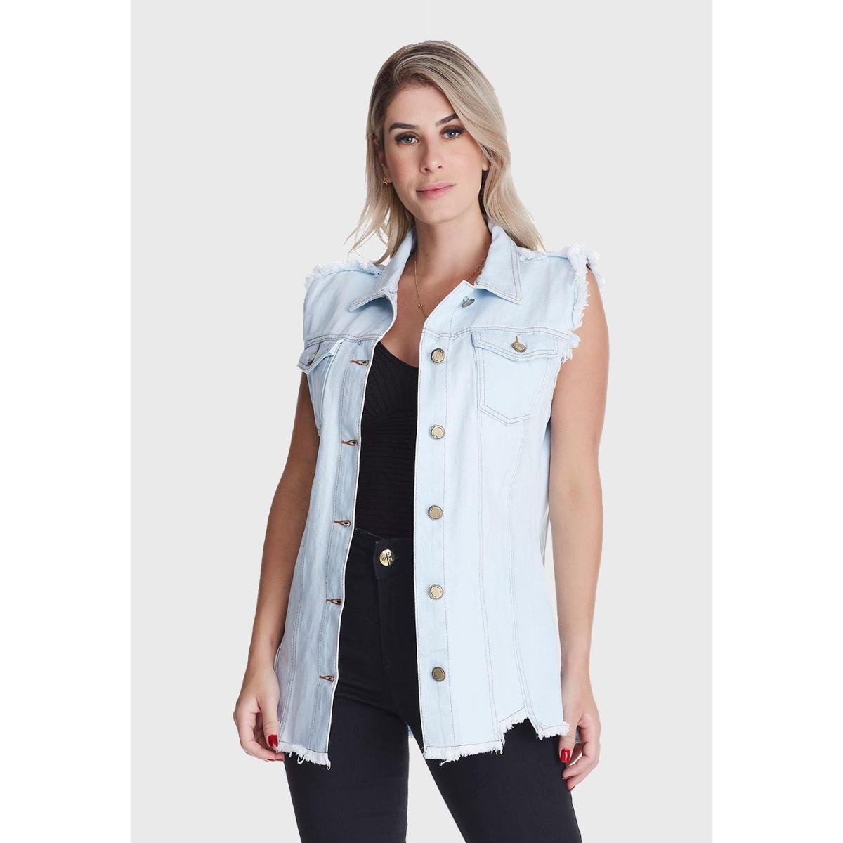 Max Colete Jeans HNO Jeans Delavê Premium Azul - Azul Menor preço em Max Colete Jeans HNO Jeans Delavê Premium Azul - Azul