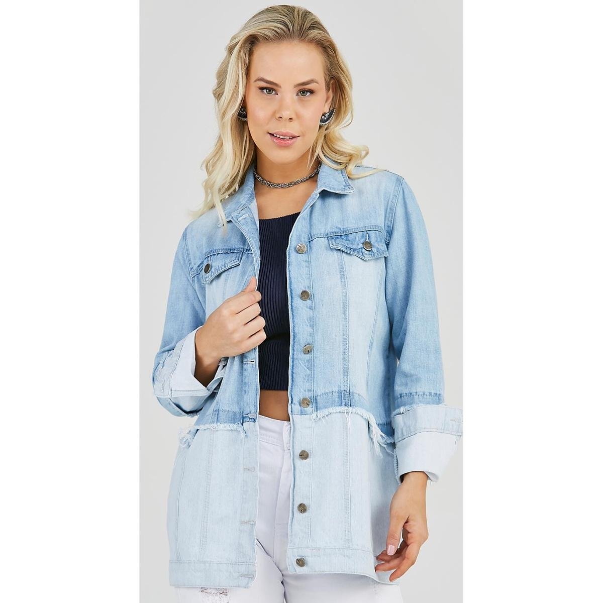 Maxi Jaqueta Jeans Express Longa Yasmin Feminina - Azul Menor preço em Maxi Jaqueta Jeans Express Longa Yasmin Feminina - Azul