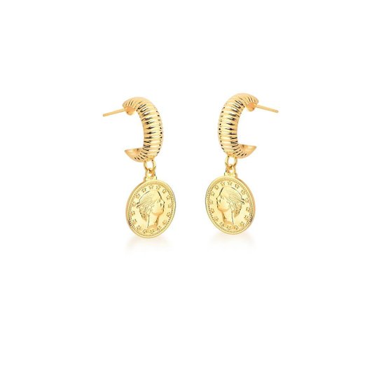 MEIA ARGOLA COM PINGENTE REDONDO DE MOEDA LISO BANHADA A OURO - Dourado
