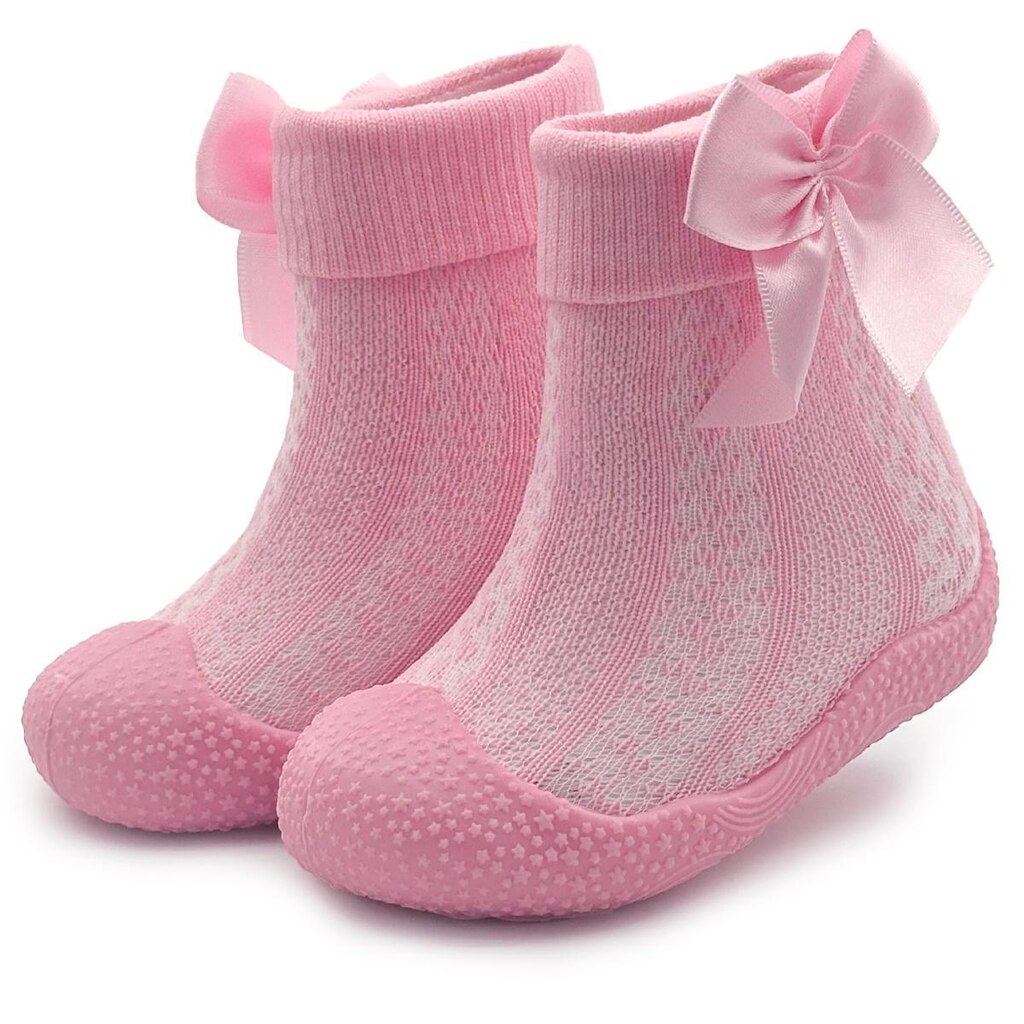 Meia Com Sola Antiderrapante Infantil Bebê Menina Laço Rosa Mzkid