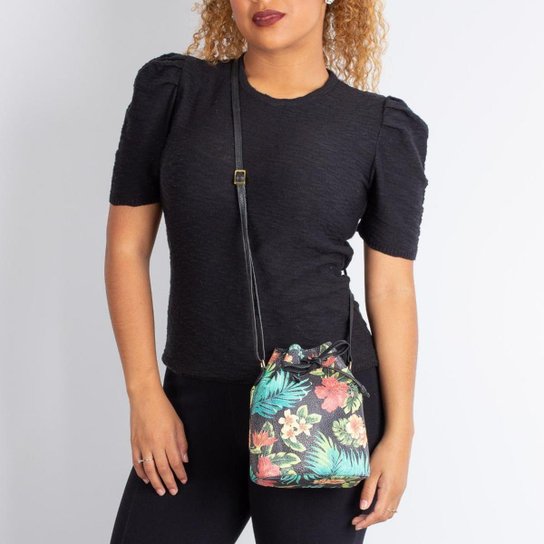 Mini bolsa saco de couro estampado Nathy - Floral