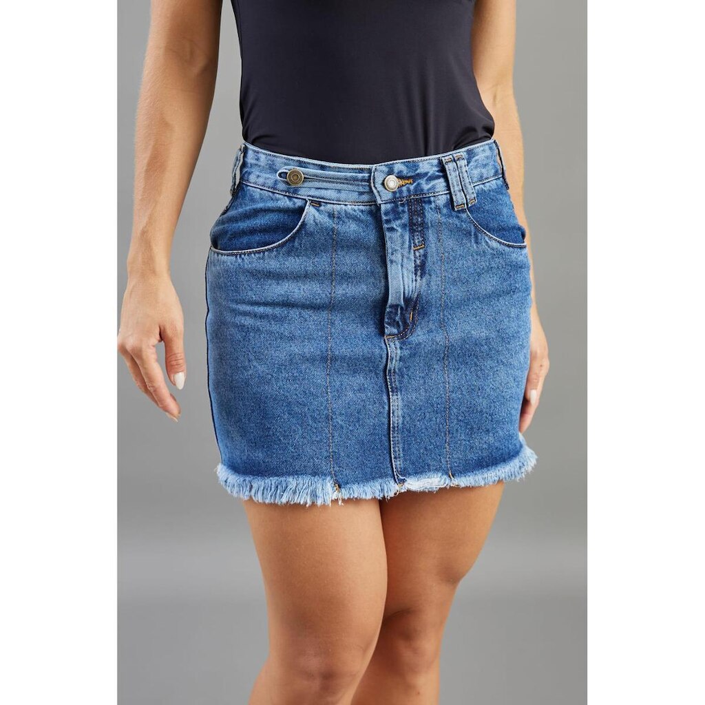 Mini Saia Jeans Cintura Alta Feminina Barra Desfiada Dialogo