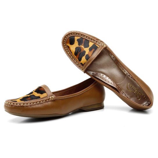 Mocassim Casual Feminino Couro Animal Print Onça - Marrom