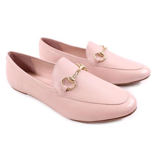 Mocassim Couro Positano Rosa Bico Redondo Com Fivela - Rosa Claro