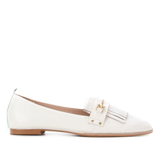 Mocassim Couro Shoestock Flat Franjas Feminino - Off White