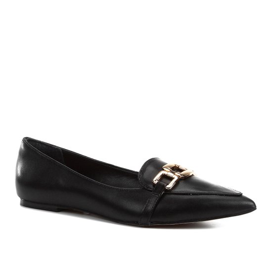 Mocassim Couro Shoestock Loafer Bico Fino Feminino - Preto