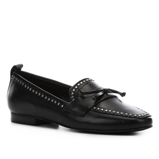 Mocassim Couro Shoestock Loafer Mini Tachas Feminino - Preto