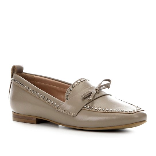 Mocassim Couro Shoestock Loafer Mini Tachas Feminino - Cinza