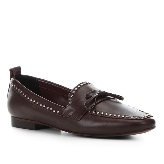 Mocassim Couro Shoestock Loafer Mini Tachas Feminino - Vinho