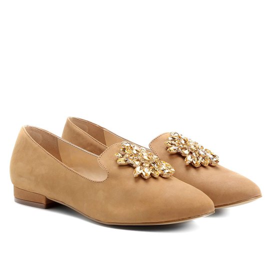 Mocassim Couro Shoestock Slipper Pedraria Feminino - Bege