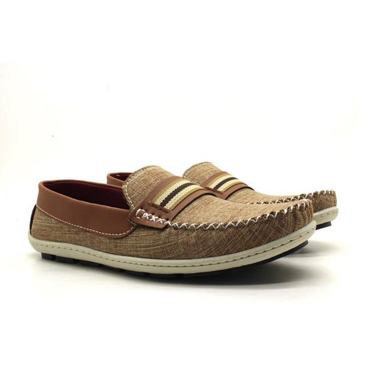 Mocassim em Tecido Masculino Costura Manual e Detalhe Gravata em Gorgorão - Bege