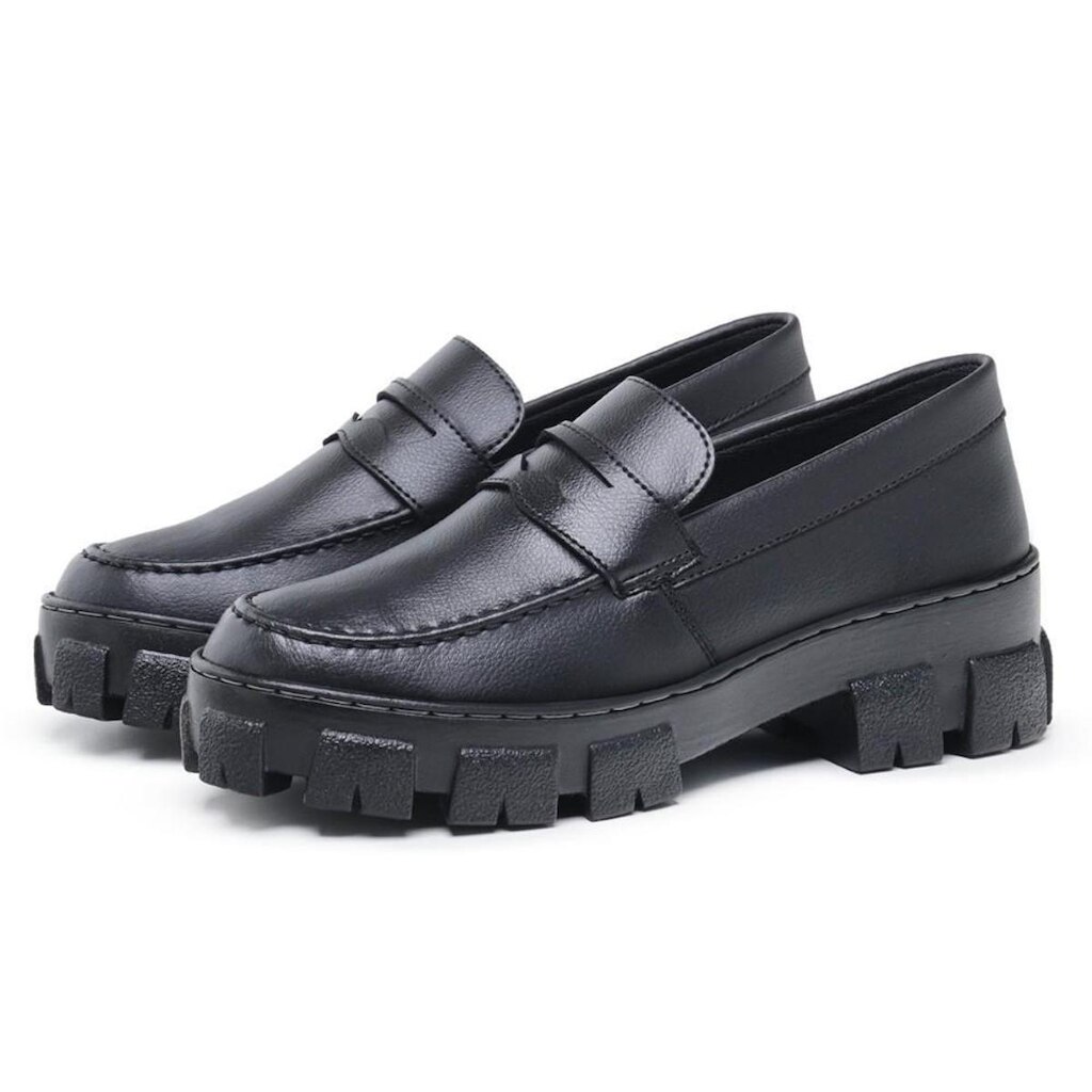 Mocassim Feminino Classico Blogueira Casual Solado Tratorado Salto Baixo Bico Redondo Macio