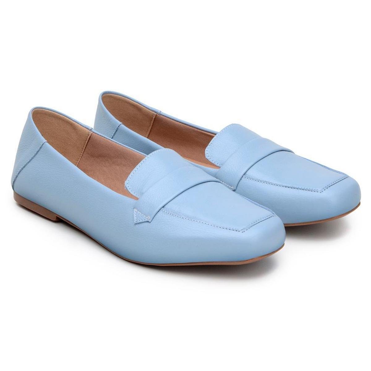 Mocassim Feminino Couro Liso Quadrado Confortável Casual - Azul Claro Menor preço em Mocassim Feminino Couro Liso Quadrado Confortável Casual - Azul Claro