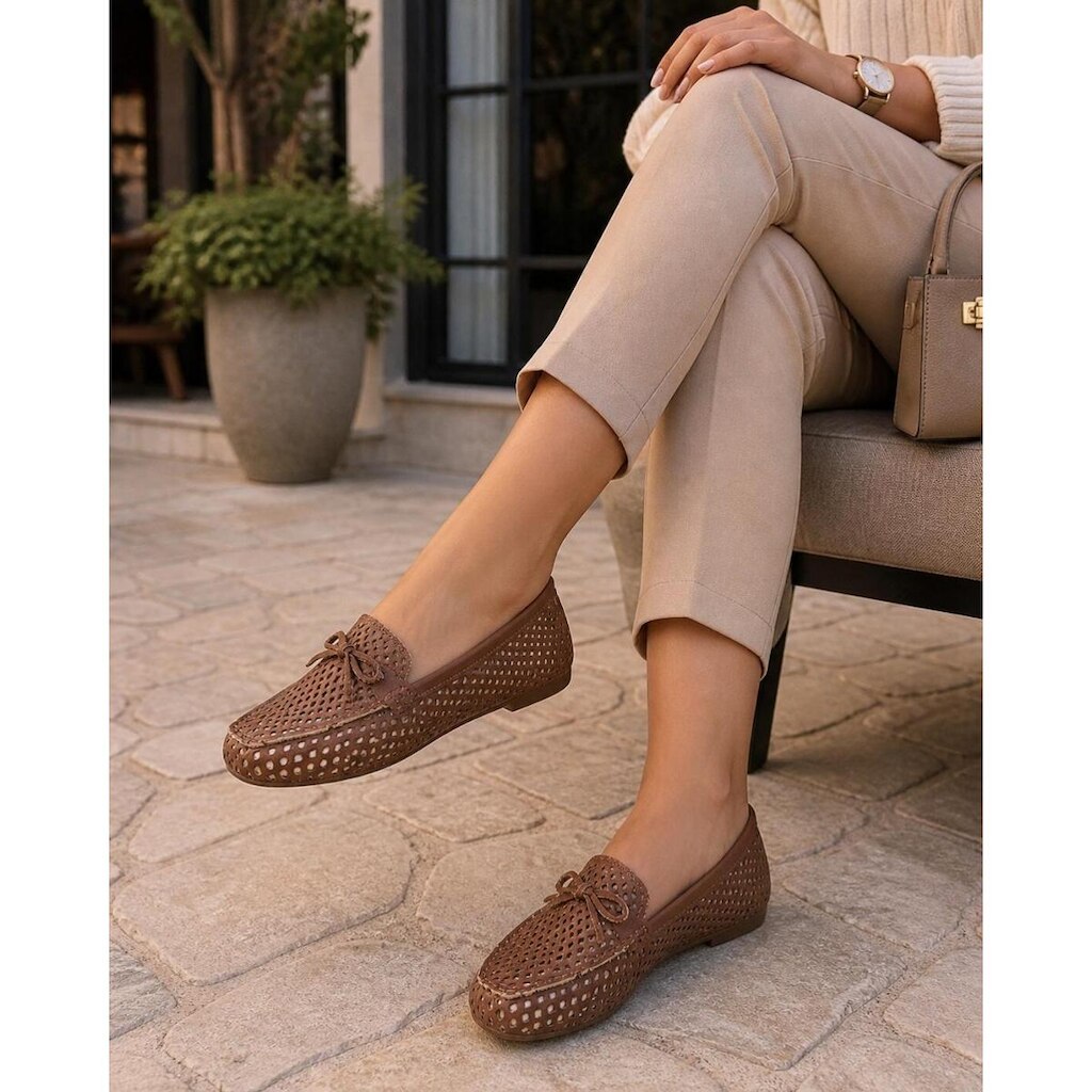 Mocassim Feminino Couro Perfurado Confortável Leve Laço Avelã 34