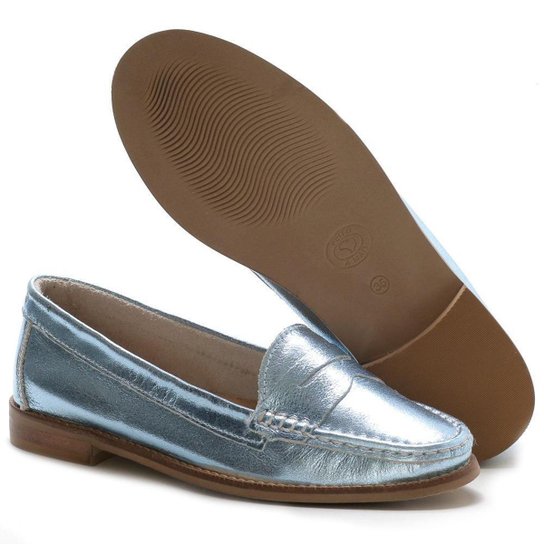 Mocassim Feminino Em Couro - Prata