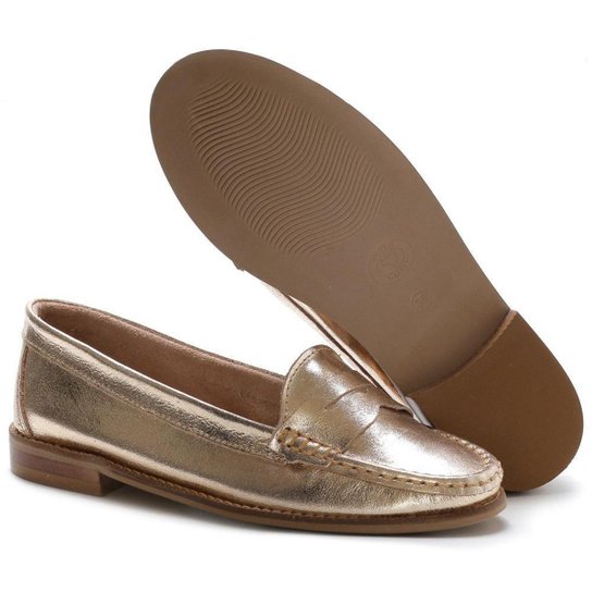 Mocassim Feminino Em Couro - Dourado