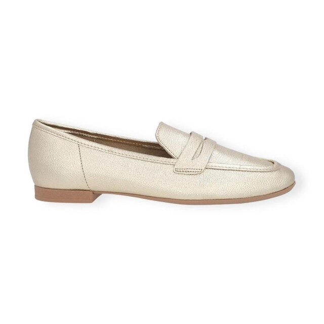 Mocassim Feminino Loafer Couro Bico Quadrado Dourado