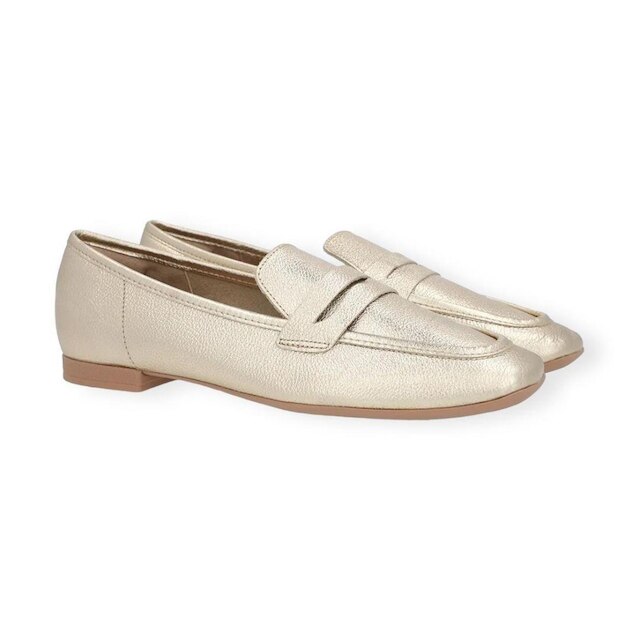 Mocassim Feminino Loafer Couro Bico Quadrado Dourado