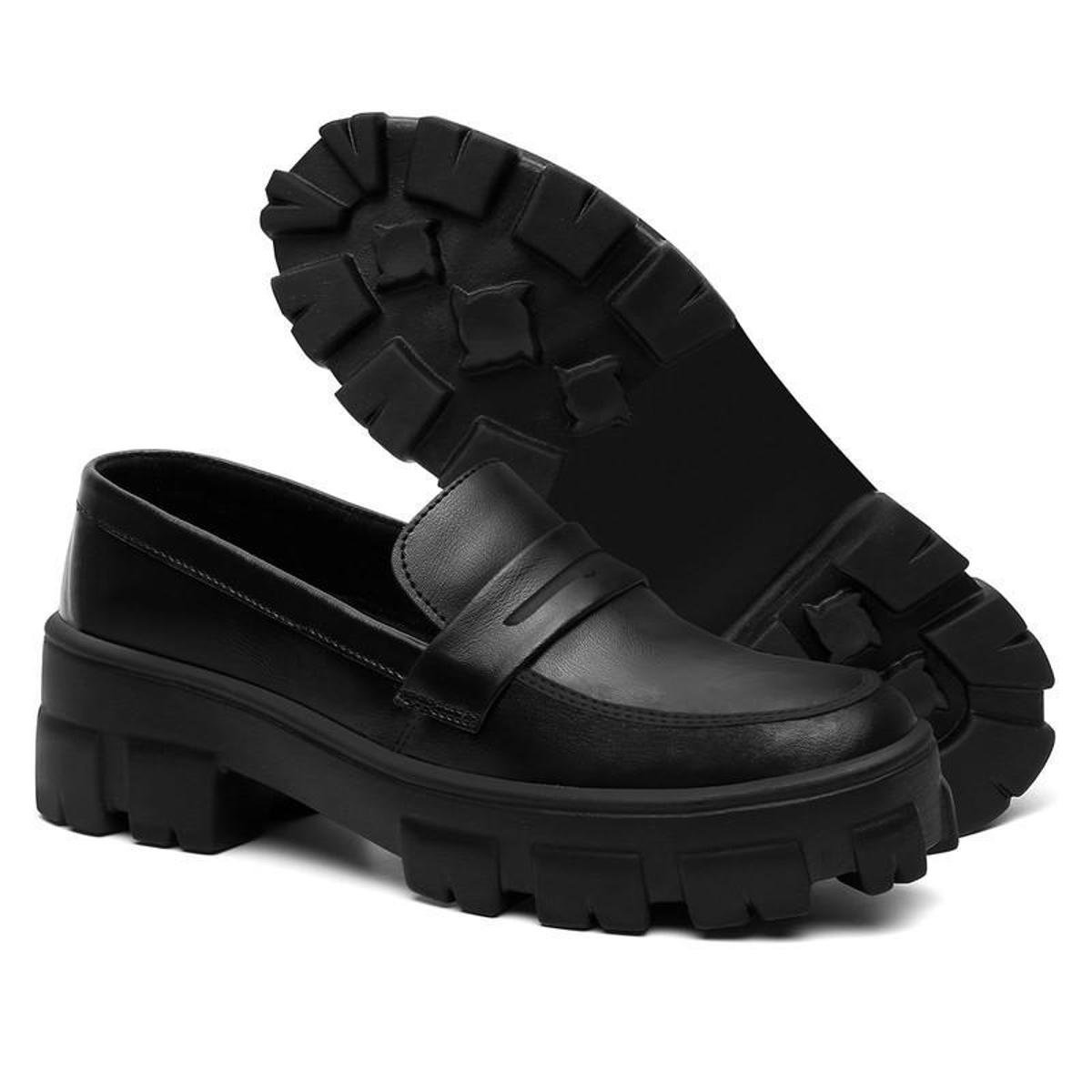Mocassim Feminino Oxford Sola Tratorado Salto Baixo - Preto Menor preço em Mocassim Feminino Oxford Sola Tratorado Salto Baixo - Preto