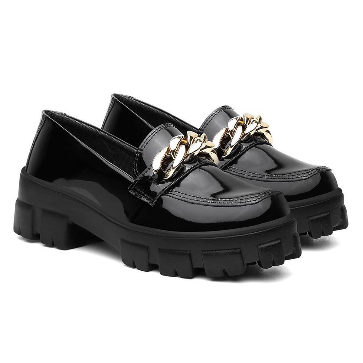 Mocassim Feminino Tratorado Salto Baixo Verniz Confortável Menor preço em Mocassim Feminino Tratorado Salto Baixo Verniz Confortável