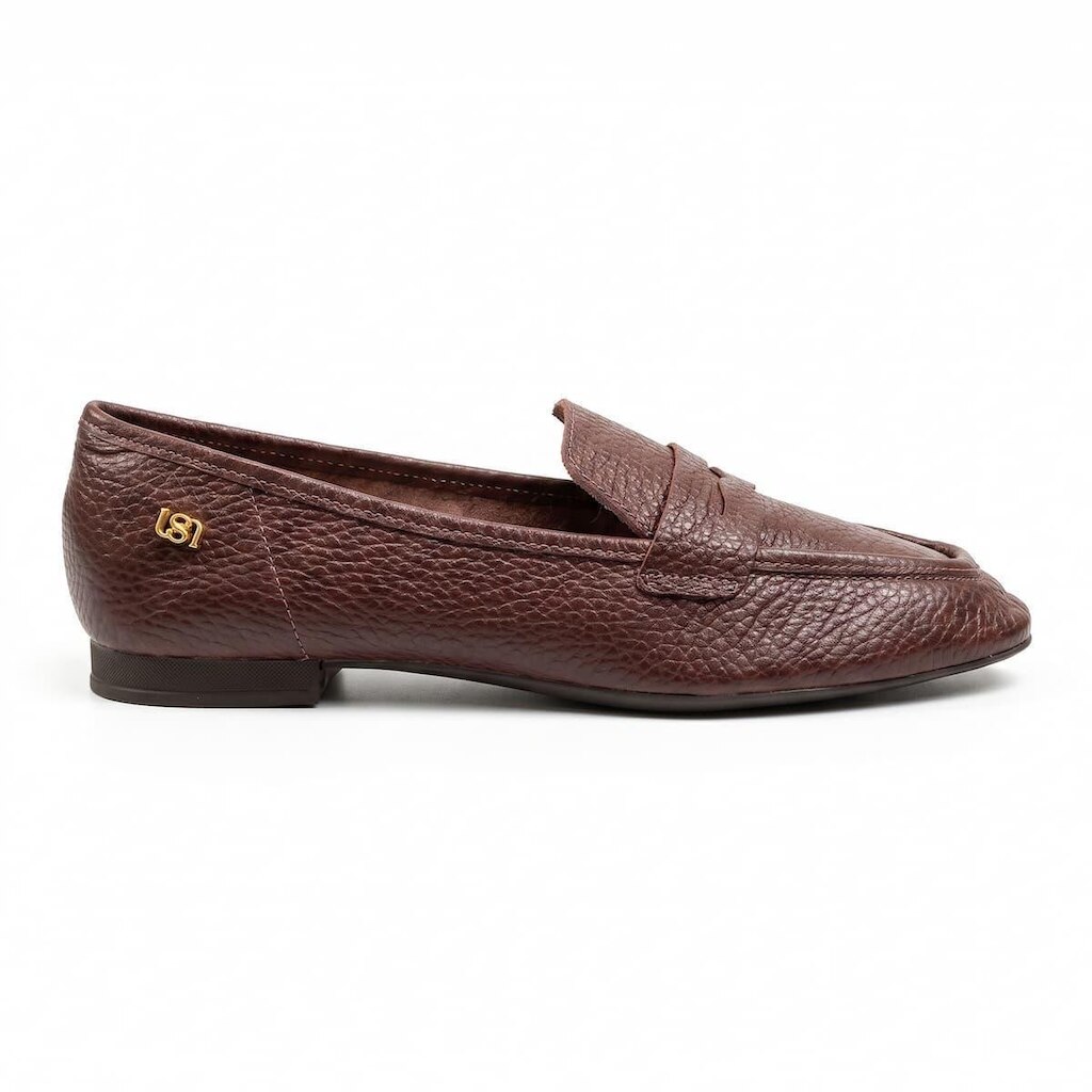 Mocassim Feminino Usaflex Couro Floter Pinhão Penny Loafer Plaqueta LSL UD30002002 Marrom