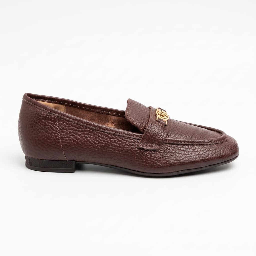 Mocassim Feminino Usaflex Couro Floter Plaqueta LSL Dourada Salto UD30004004 Marrom