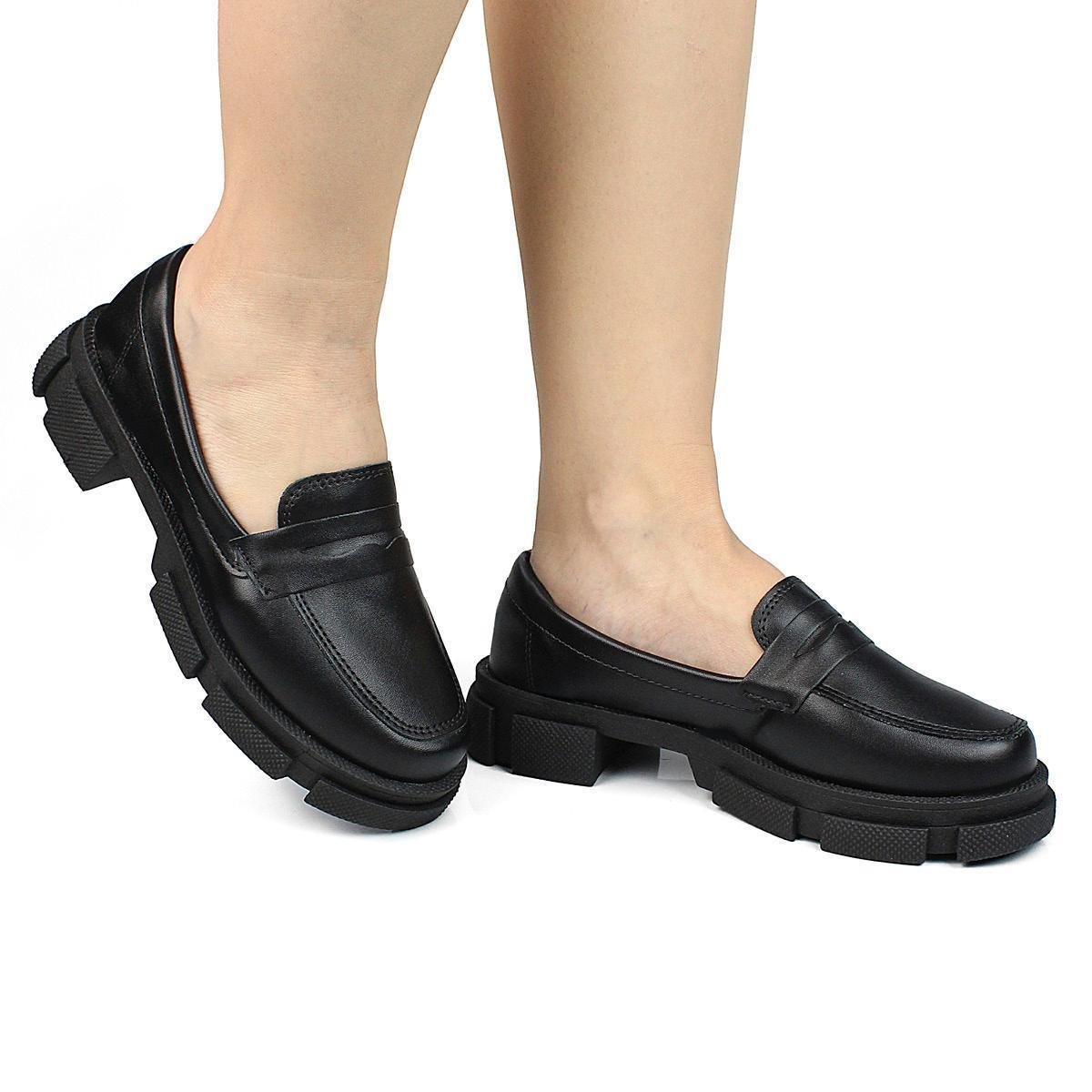 Mocassim Tratorado Sapato Feminino Oxford Blogueira - Preto Menor preço em Mocassim Tratorado Sapato Feminino Oxford Blogueira - Preto