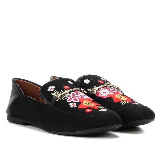 Mocassim Vizzano Loufer Bordado Floral Feminino - Preto