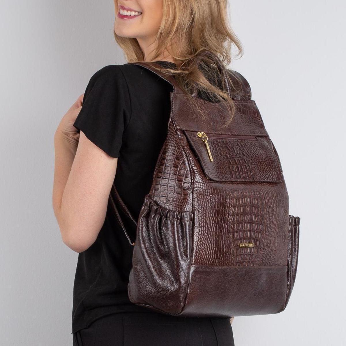 Mochila antifurto de couro croco feminina Suelen Menor preço em Mochila antifurto de couro croco feminina Suelen