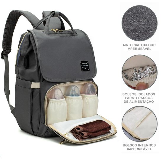 Mochila Bolsa Maternidade Lequeen Bebê Menina Menino Impermeável Com Bolso Térmico