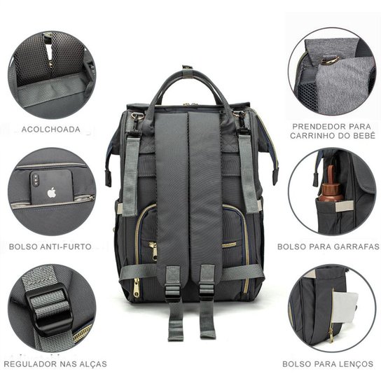 Mochila Bolsa Maternidade Lequeen Bebê Menina Menino Impermeável Com Bolso Térmico