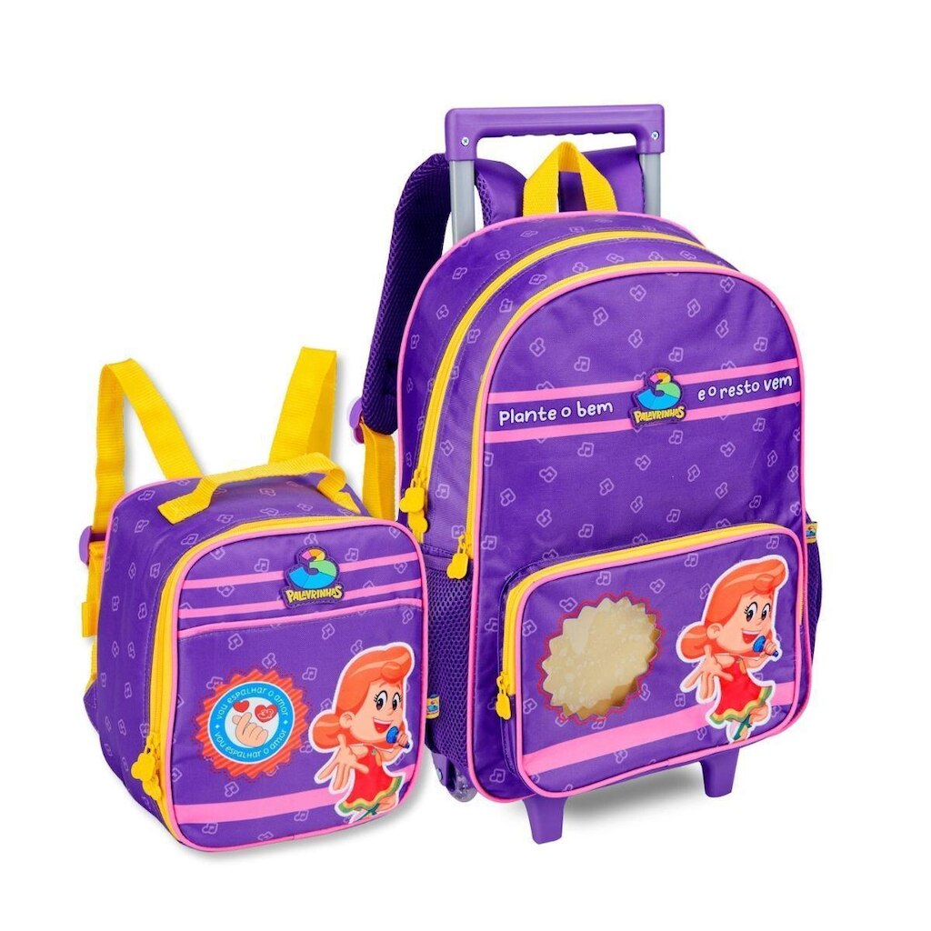 Mochila Carrinho com Lancheira Escolar Infantil Três Palavrinhas