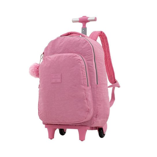 Mochila Carrinho Rosa Kids Tecido Crinkle Chaveiro Pompom | Luxcel