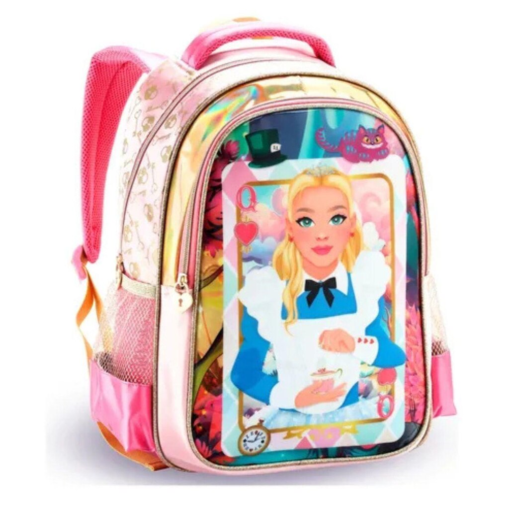 Mochila Costas Alice Baralho Infantil Escolar Creche Rosa Denlex