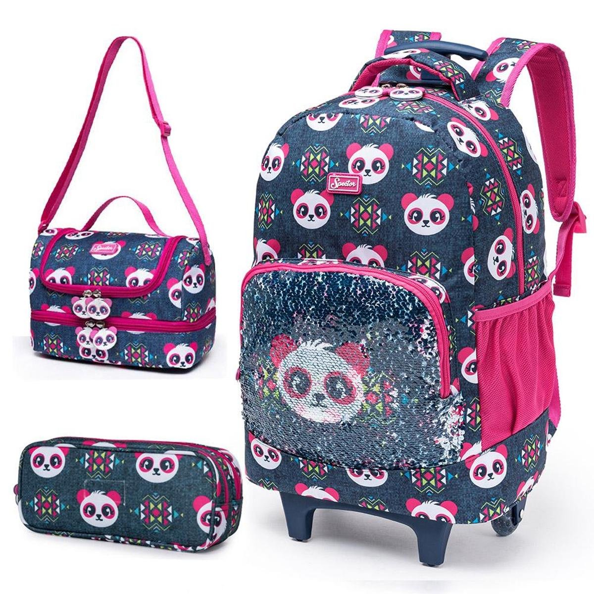 Mochila de rodinha lantejoula + Lancheira + Estojo Spector de Panda infantil - Marinho Menor preço em Mochila de rodinha lantejoula + Lancheira + Estojo Spector de Panda infantil - Marinho