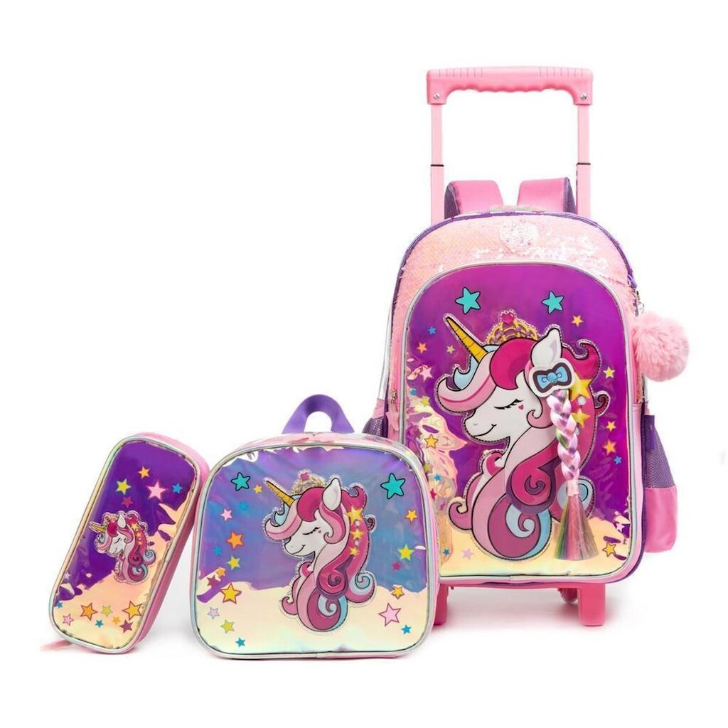 Mochila de Rodinhas Kit Lancheira Termica Estojo Menina 25 Litros