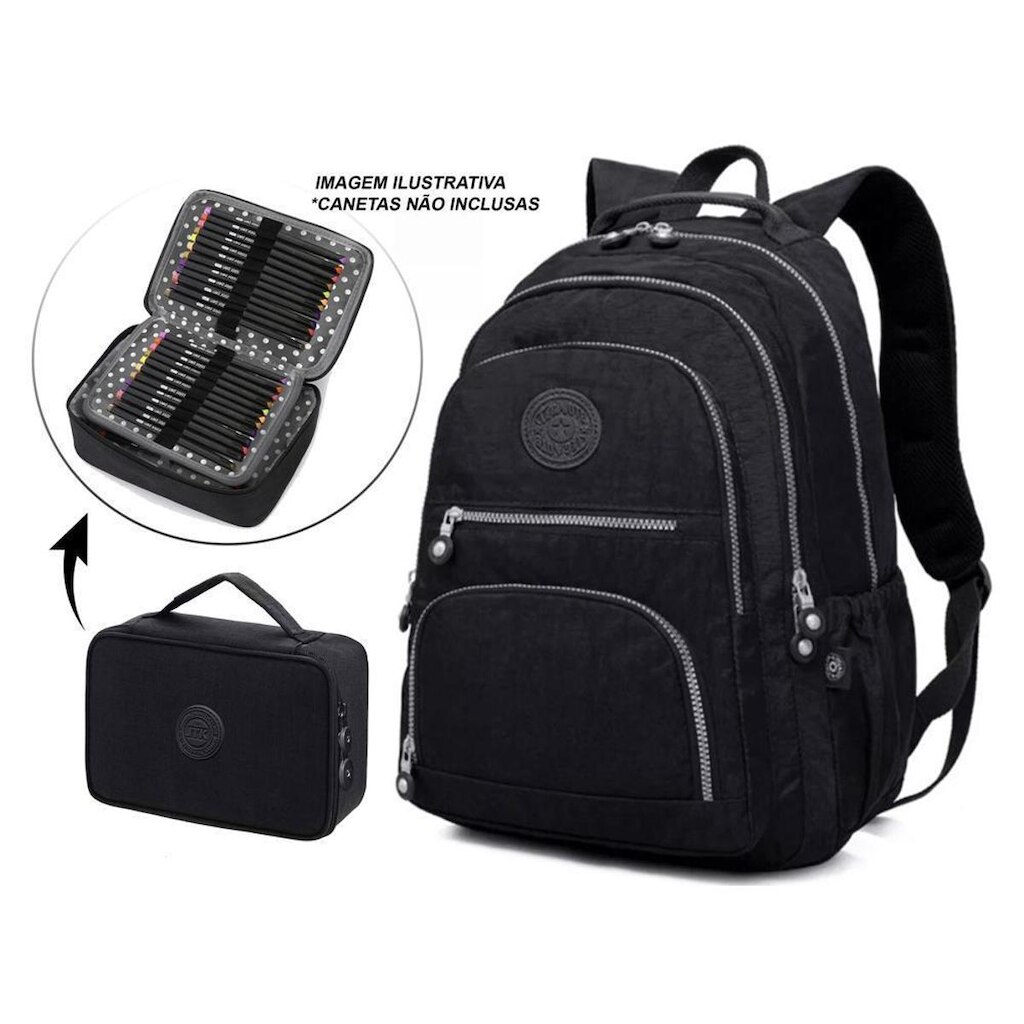 Mochila Escolar Feminina Notebook + Estojo Box Quadrado Zípe