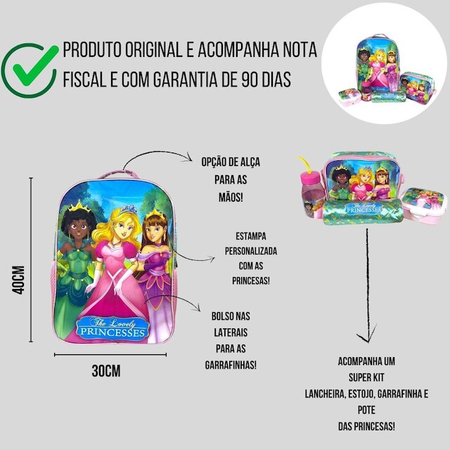 Mochila Escolar Infantil + Super Kit Princesas Winth BPD33066