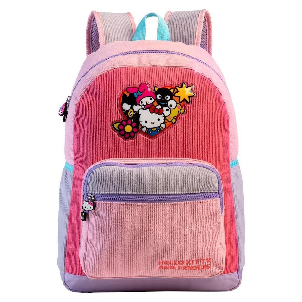 Mochila Escolar Juvenil 43cm Hello Kitty e Amigos Veludo Cotelê