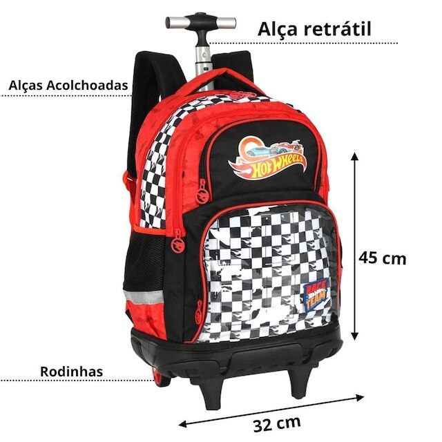 Mochila Escolar Juvenil De Rodinha Grande Hot Wheels Luxcel