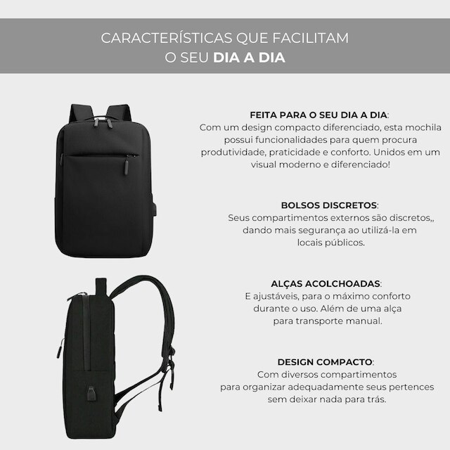 Mochila Executiva Notebook Slim Faculdade Trabalho Viagem Passeio Reforçada com Porta USB 15,6''