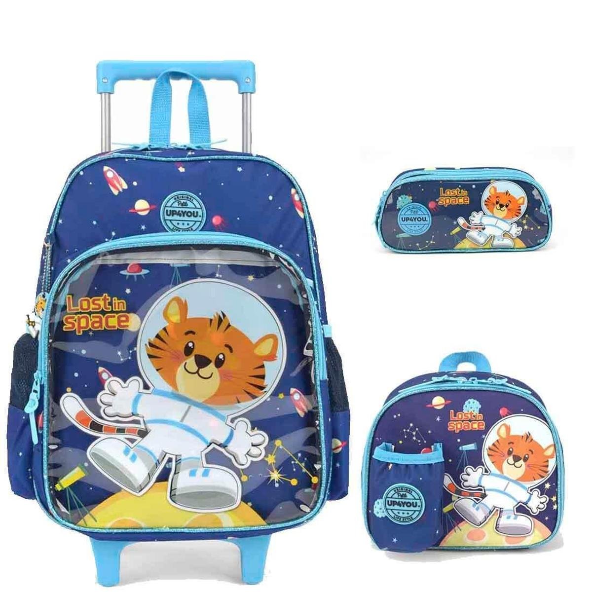 Mochila Infantil Rodinhas Up4you Petit Tigre Astronauta com Lancheira e Estojo - Azul Menor preço em Mochila Infantil Rodinhas Up4you Petit Tigre Astronauta com Lancheira e Estojo - Azul