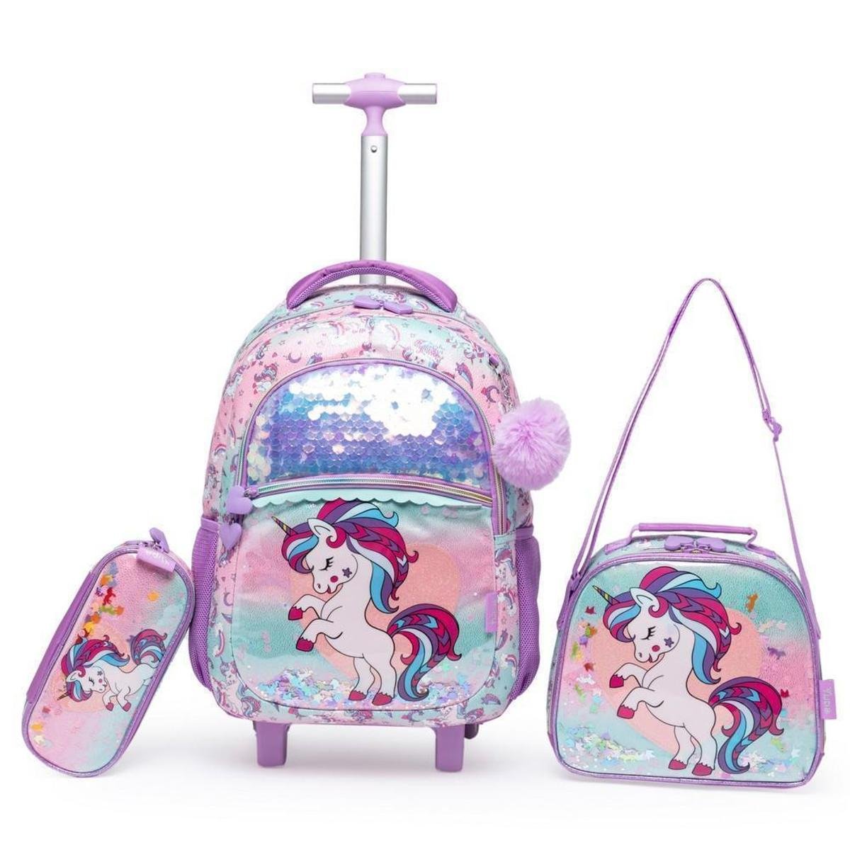 Mochila Infantil Unicórnio Escolar Rodinhas Lancheira Estojo Menor preço em Mochila Infantil Unicórnio Escolar Rodinhas Lancheira Estojo