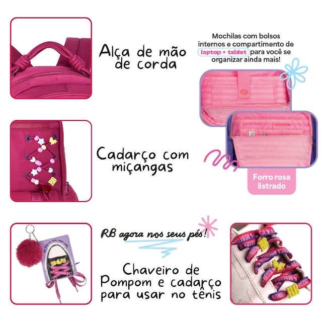 Mochila Juvenil Feminina com cadarços extras Rebecca Bonbon
