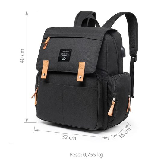 Mochila Maternidade Lequeen c/ Trocador/ Saída P/ Cabo Usb e Ganchos